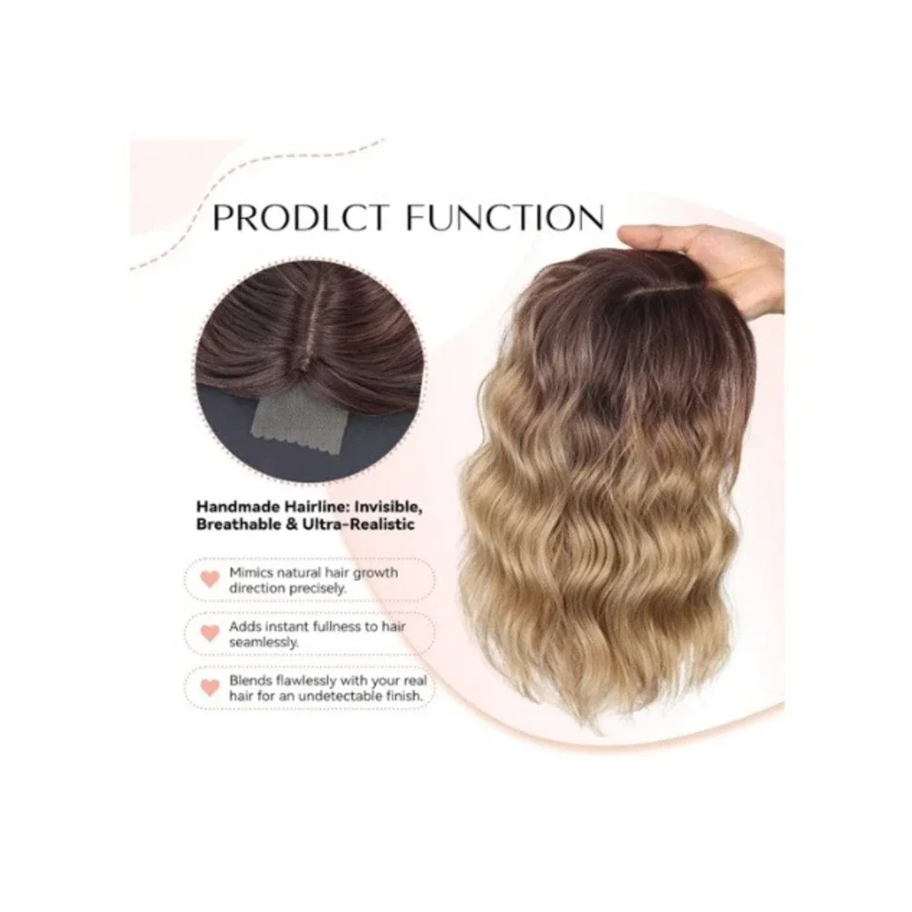Short Wavy Hair Topper 11in Ombre Brown Blonde Synthetic Hairpiece Natural